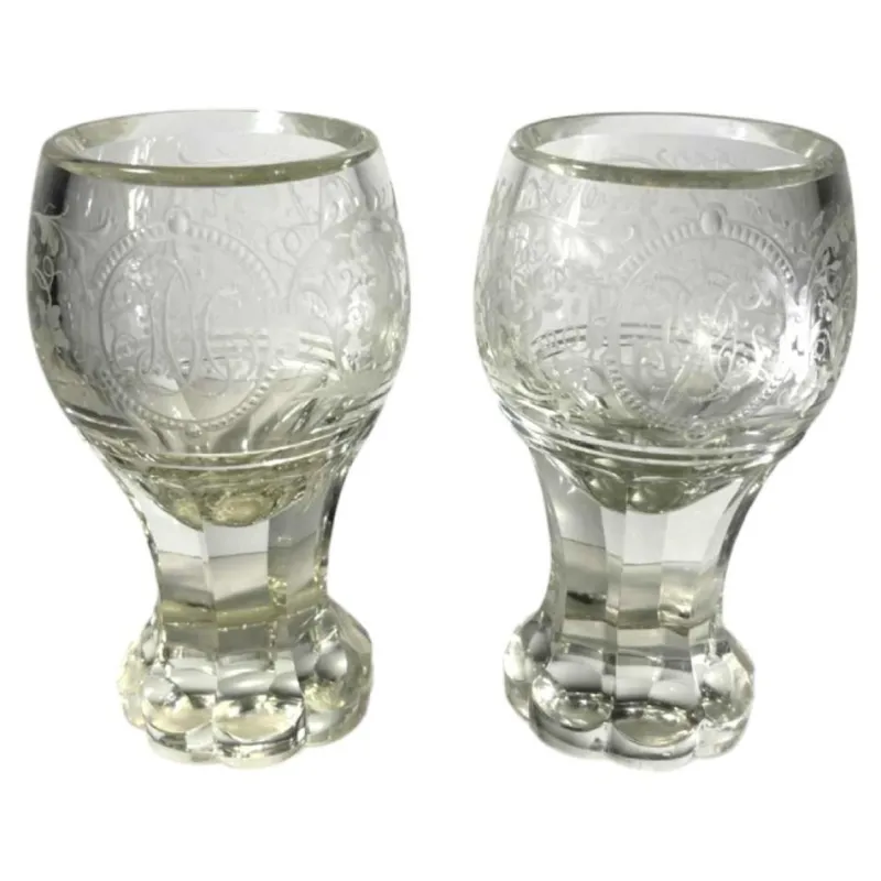 Sale Pamono Stemmed Glasses in Thick Cut Crystal with Scrolling Decoration and Monogram, Bohemia, 1900s, Set of 2