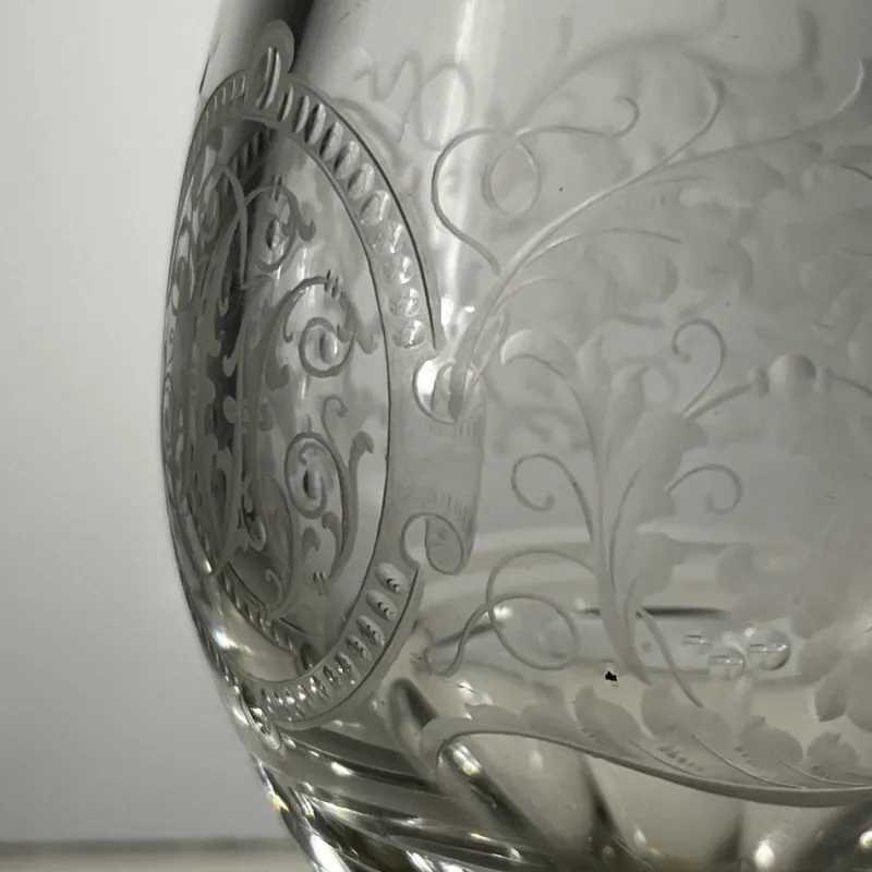 Sale Pamono Stemmed Glasses in Thick Cut Crystal with Scrolling Decoration and Monogram, Bohemia, 1900s, Set of 2