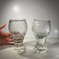 Sale Pamono Stemmed Glasses in Thick Cut Crystal with Scrolling Decoration and Monogram, Bohemia, 1900s, Set of 2