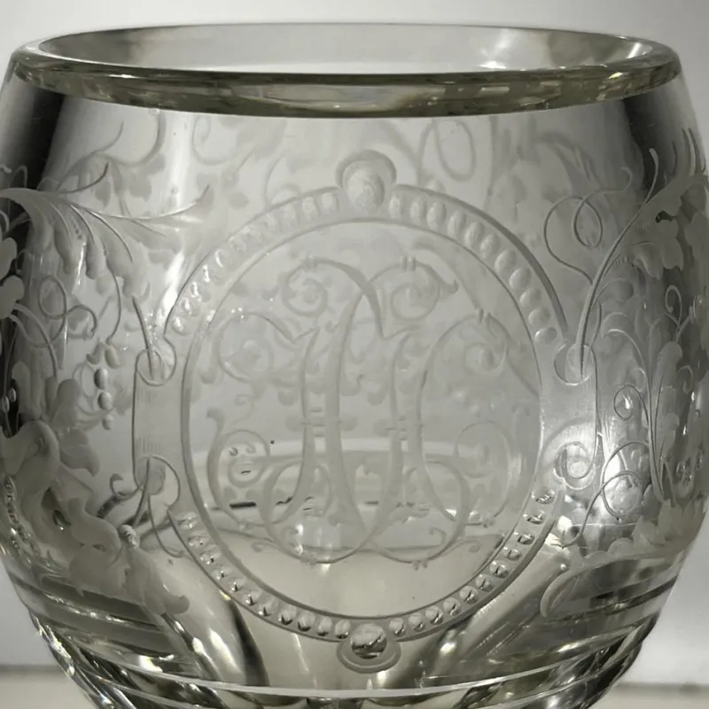 Sale Pamono Stemmed Glasses in Thick Cut Crystal with Scrolling Decoration and Monogram, Bohemia, 1900s, Set of 2