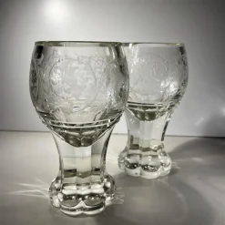 Sale Pamono Stemmed Glasses in Thick Cut Crystal with Scrolling Decoration and Monogram, Bohemia, 1900s, Set of 2