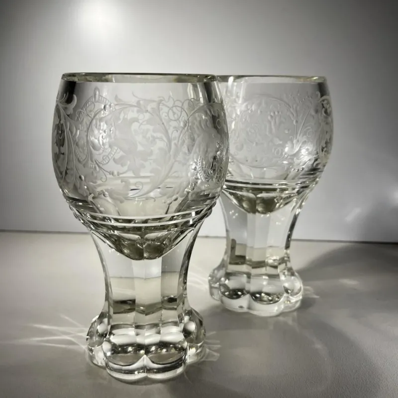 Sale Pamono Stemmed Glasses in Thick Cut Crystal with Scrolling Decoration and Monogram, Bohemia, 1900s, Set of 2