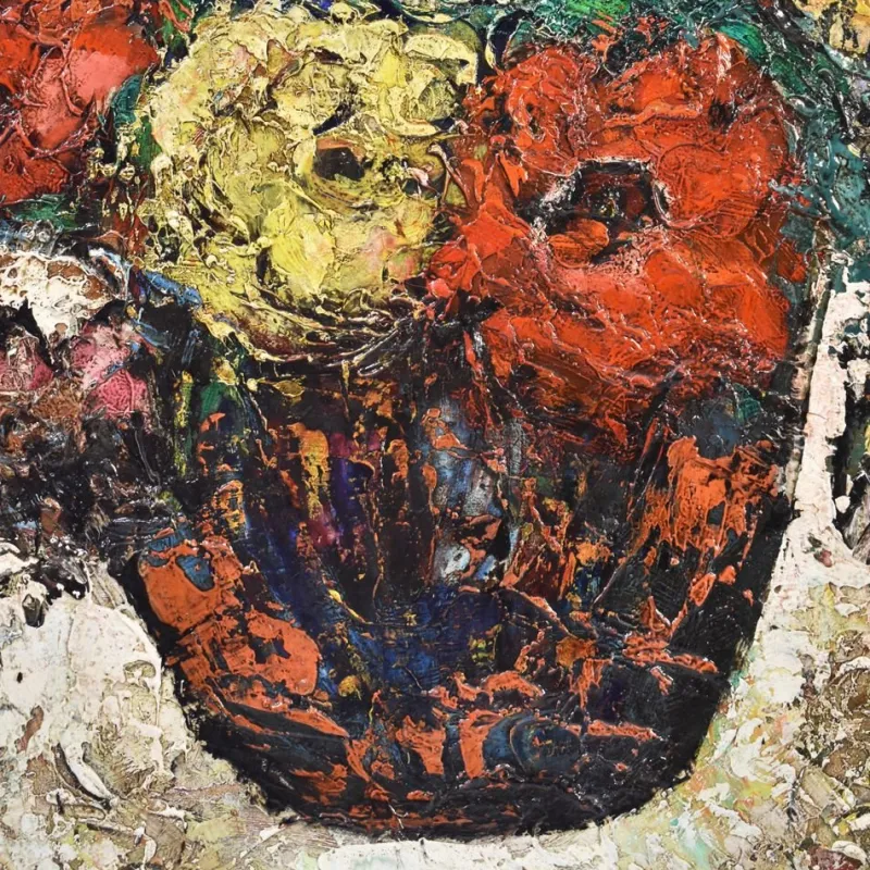 Hot Pamono Still Life Painting of Roses in Vase, Oil on Canvas, 20th Century