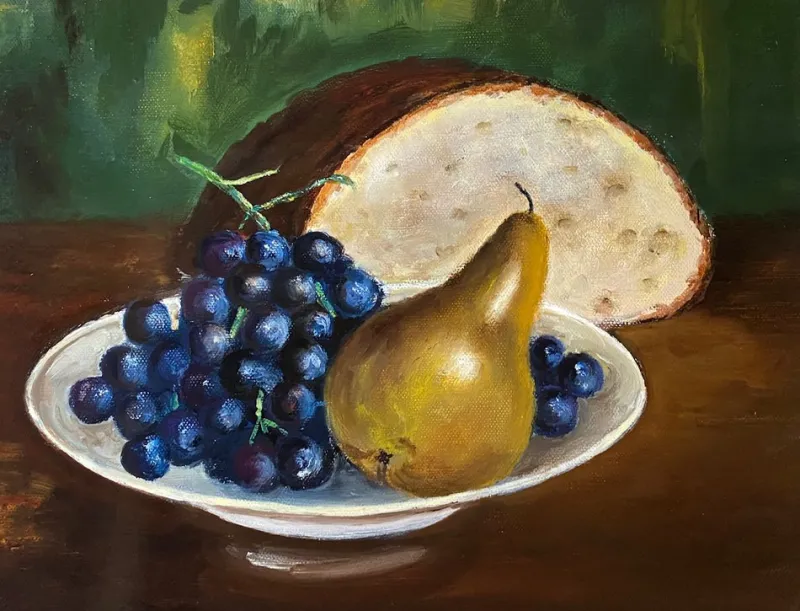 Pamono Still Life with Pear and Grapes, 1920s, Oil on Canvas, Framed> Classical