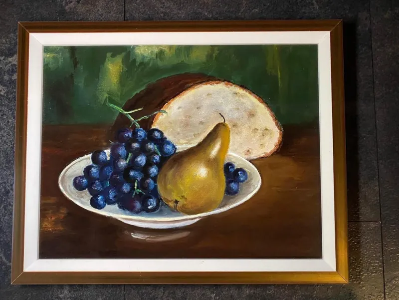 Pamono Still Life with Pear and Grapes, 1920s, Oil on Canvas, Framed> Classical
