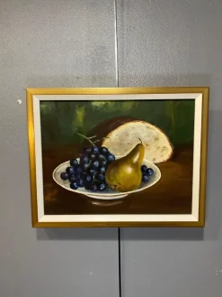 Pamono Still Life with Pear and Grapes, 1920s, Oil on Canvas, Framed><noscript><img width=