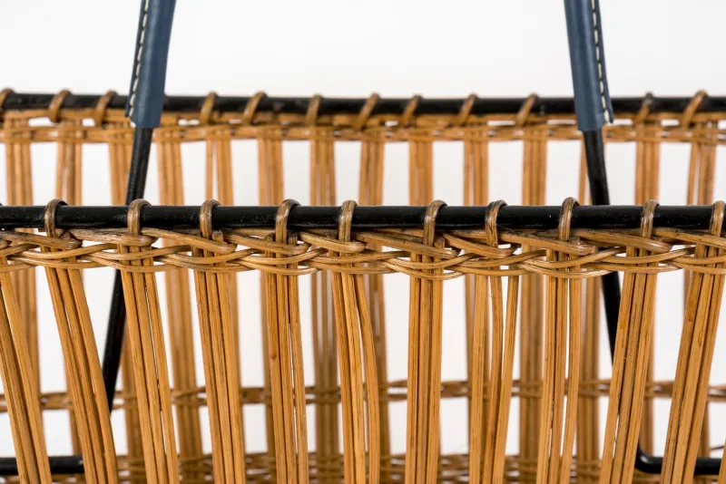 Pamono Stitched Leather and Rattan Magazine Rack by Jacques Adnet, 1950s> Magazine Racks