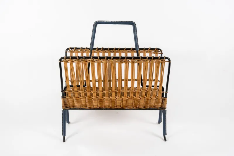 Pamono Stitched Leather and Rattan Magazine Rack by Jacques Adnet, 1950s> Magazine Racks