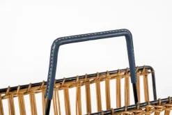 Pamono Stitched Leather and Rattan Magazine Rack by Jacques Adnet, 1950s><noscript><img width=