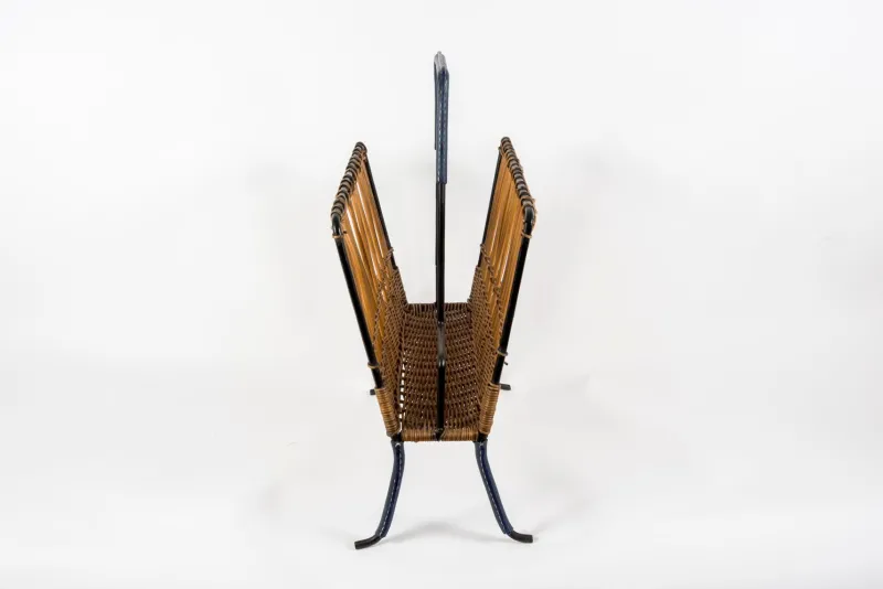 Pamono Stitched Leather and Rattan Magazine Rack by Jacques Adnet, 1950s> Magazine Racks