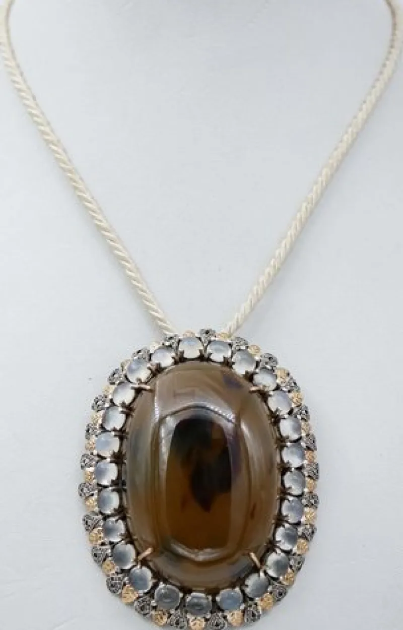 Pamono Stone, Moonstones, Diamonds, Rose Gold and Silver Brooch or Pendant> Brooches