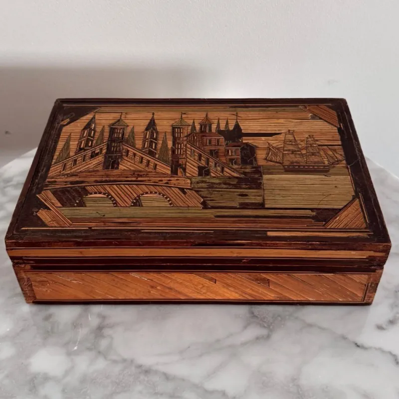 Pamono Straw Marquetry Work Box> Trunks Crates & Baskets