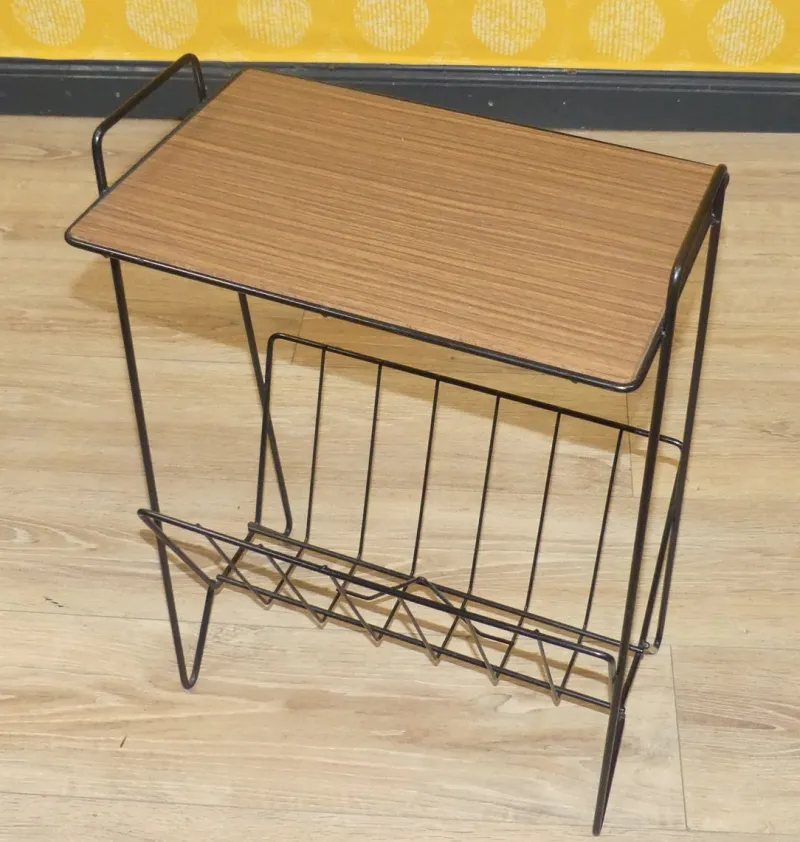Pamono String Newspaper Rack in Teak Formica and Black Metal, 1960s> Magazine Racks