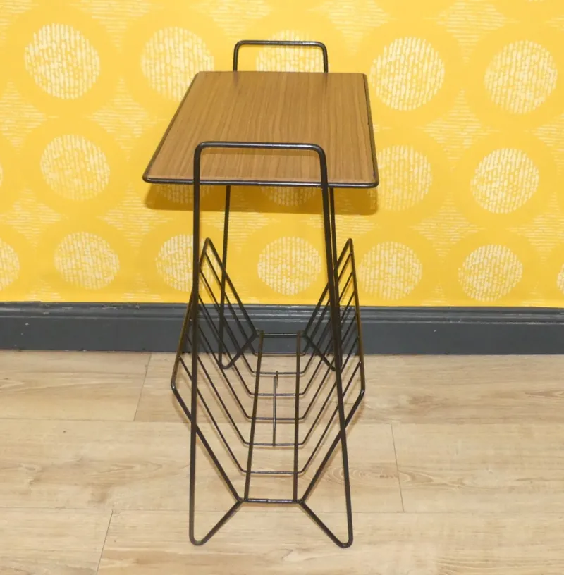 Pamono String Newspaper Rack in Teak Formica and Black Metal, 1960s> Magazine Racks