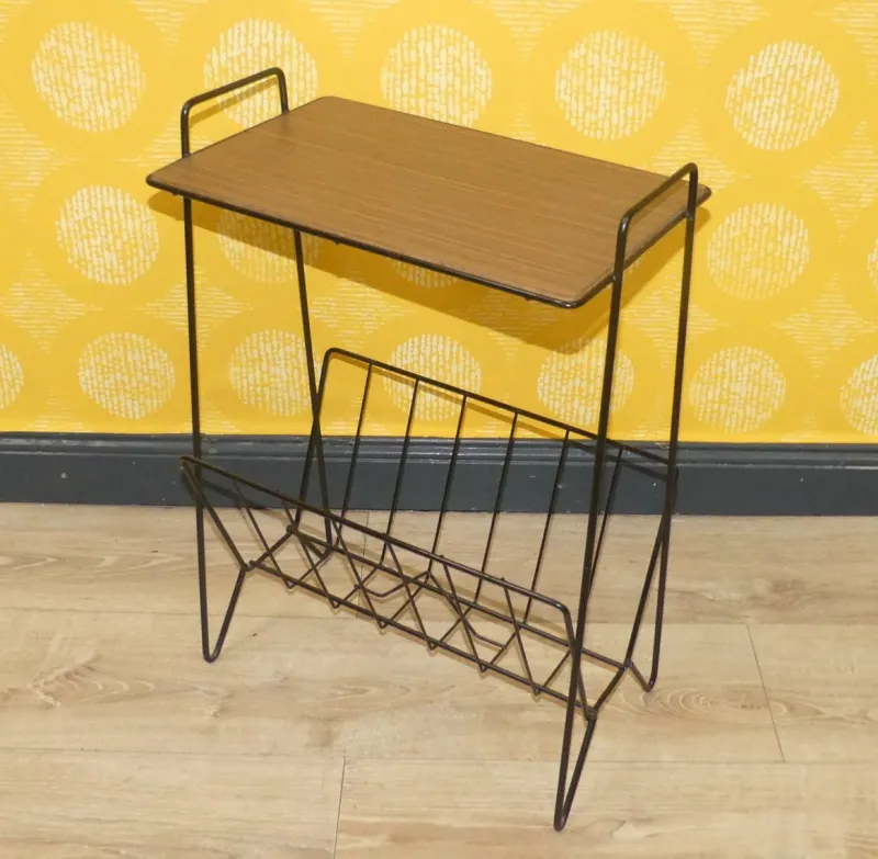Pamono String Newspaper Rack in Teak Formica and Black Metal, 1960s> Magazine Racks