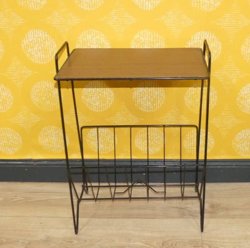 Pamono String Newspaper Rack in Teak Formica and Black Metal, 1960s> Magazine Racks