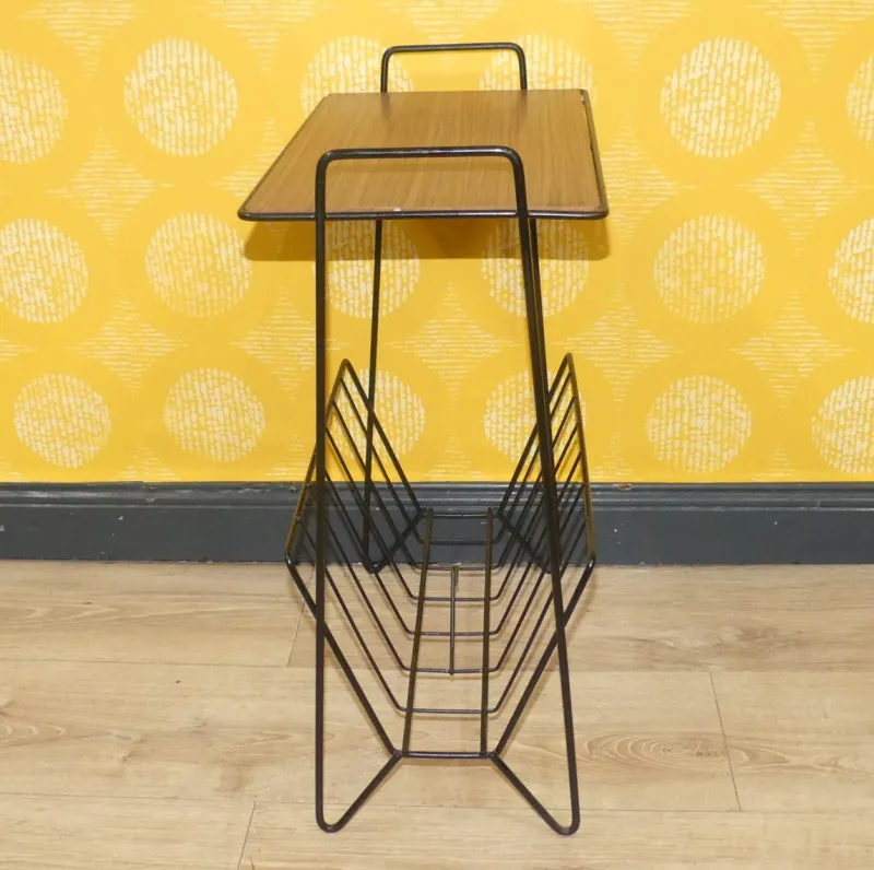 Pamono String Newspaper Rack in Teak Formica and Black Metal, 1960s> Magazine Racks