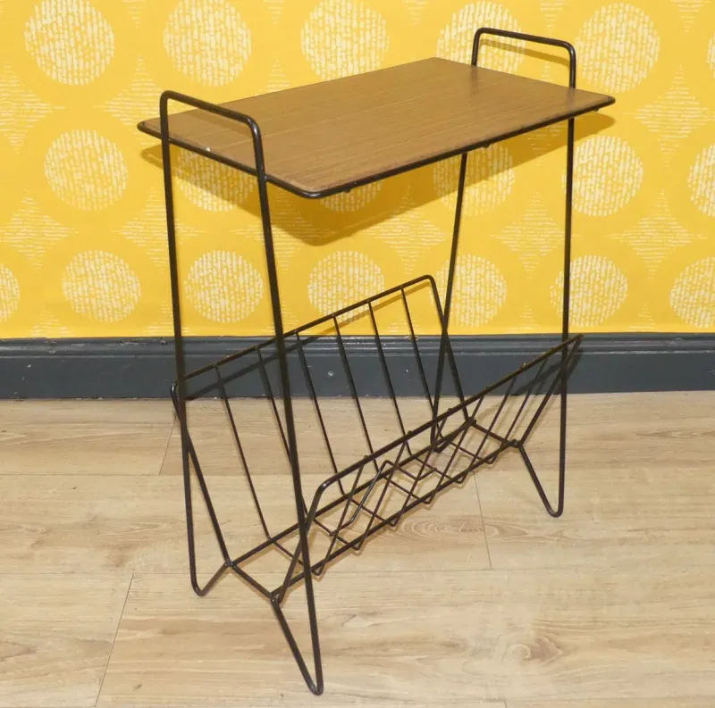 Pamono String Newspaper Rack in Teak Formica and Black Metal, 1960s> Magazine Racks