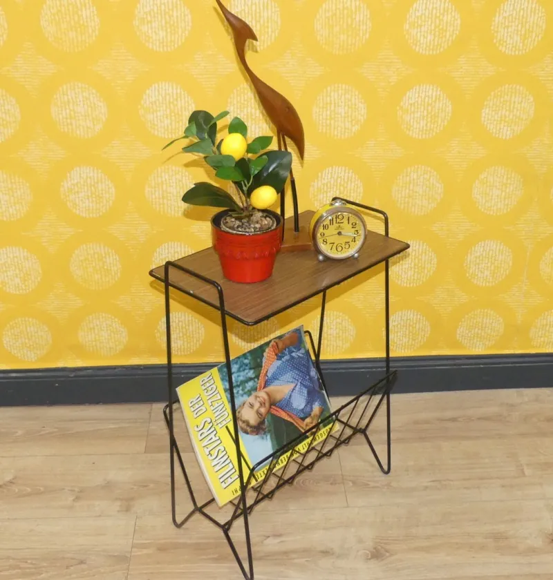 Pamono String Newspaper Rack in Teak Formica and Black Metal, 1960s> Magazine Racks