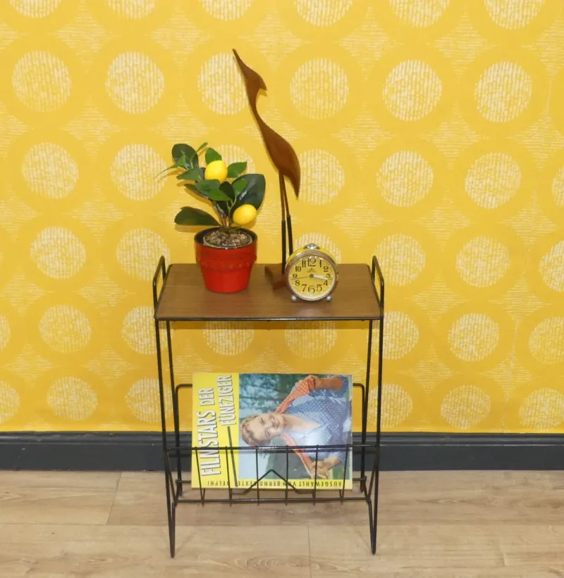 Pamono String Newspaper Rack in Teak Formica and Black Metal, 1960s> Magazine Racks