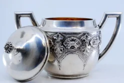 Pamono Sugar Bowl in Embossed Silver with Floral Motifs and Hinged Lid><noscript><img width=