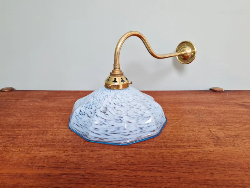 Pamono Swan Neck Wall Light in Brass and Blue Speckled Glass, 1930s