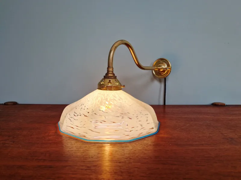 Pamono Swan Neck Wall Light in Brass and Blue Speckled Glass, 1930s