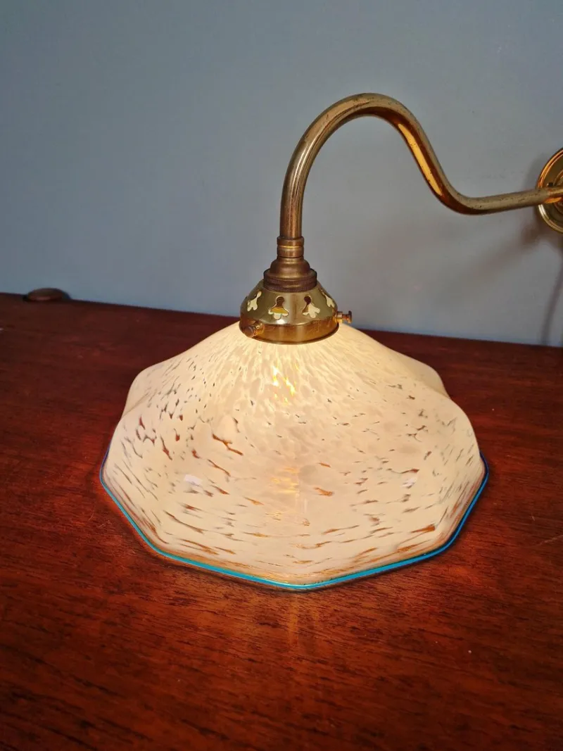 Pamono Swan Neck Wall Light in Brass and Blue Speckled Glass, 1930s