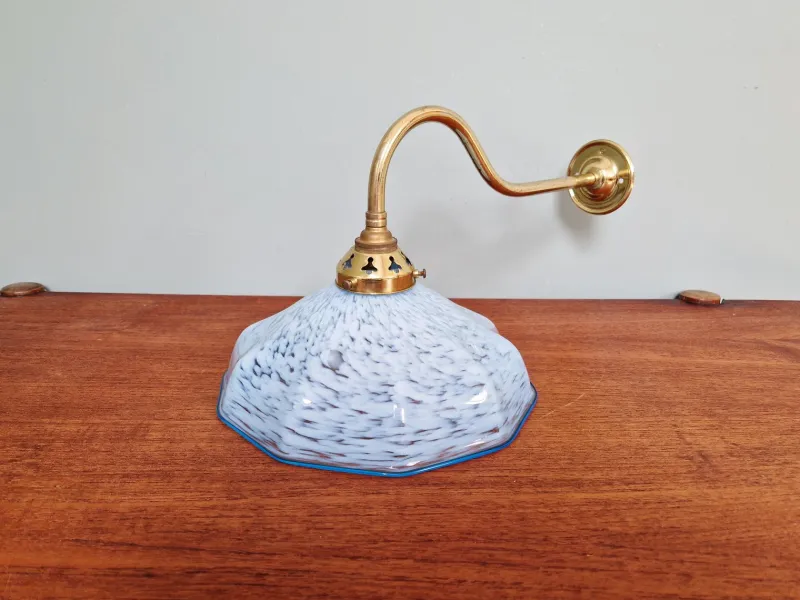 Pamono Swan Neck Wall Light in Brass and Blue Speckled Glass, 1930s