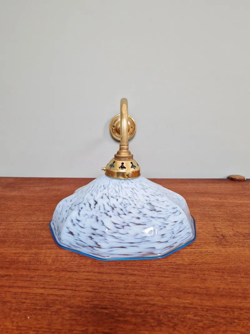 Pamono Swan Neck Wall Light in Brass and Blue Speckled Glass, 1930s