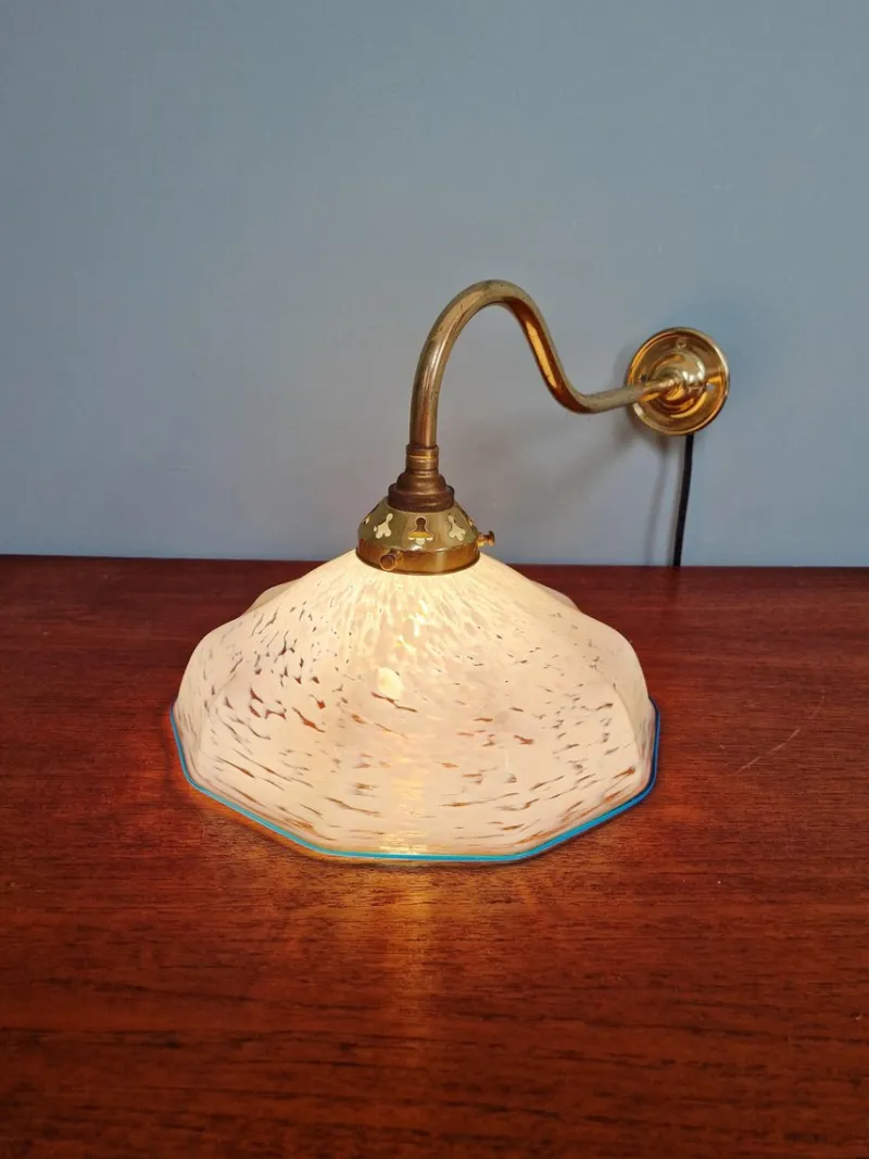 Pamono Swan Neck Wall Light in Brass and Blue Speckled Glass, 1930s