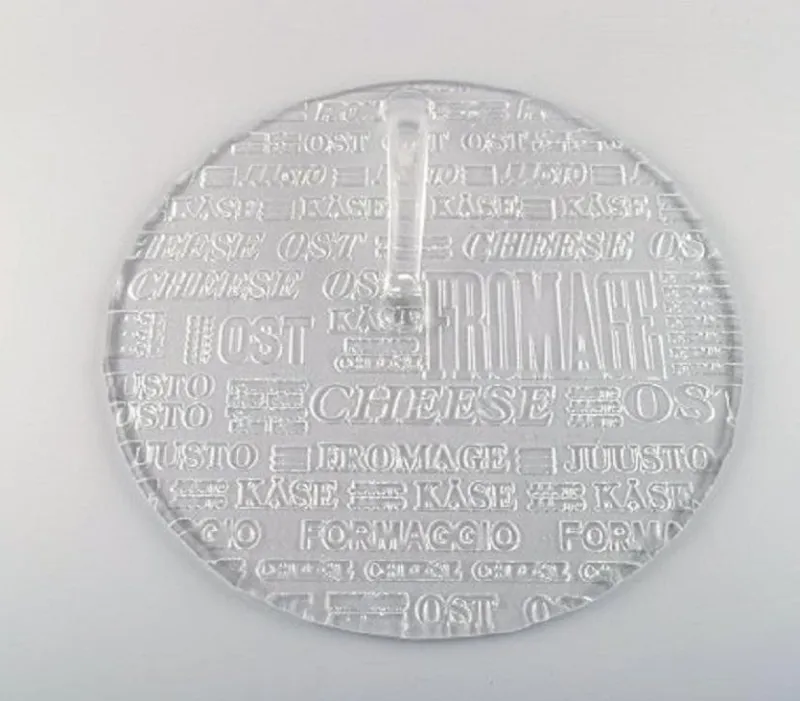 Pamono Swedish Art Glass Cheese Platters with Cheese Names & Bowls, 1980s, Set of 4> Trays