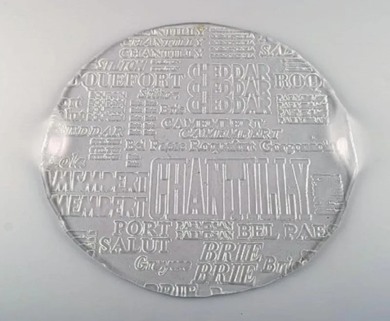 Pamono Swedish Art Glass Cheese Platters with Cheese Names & Bowls, 1980s, Set of 4> Trays