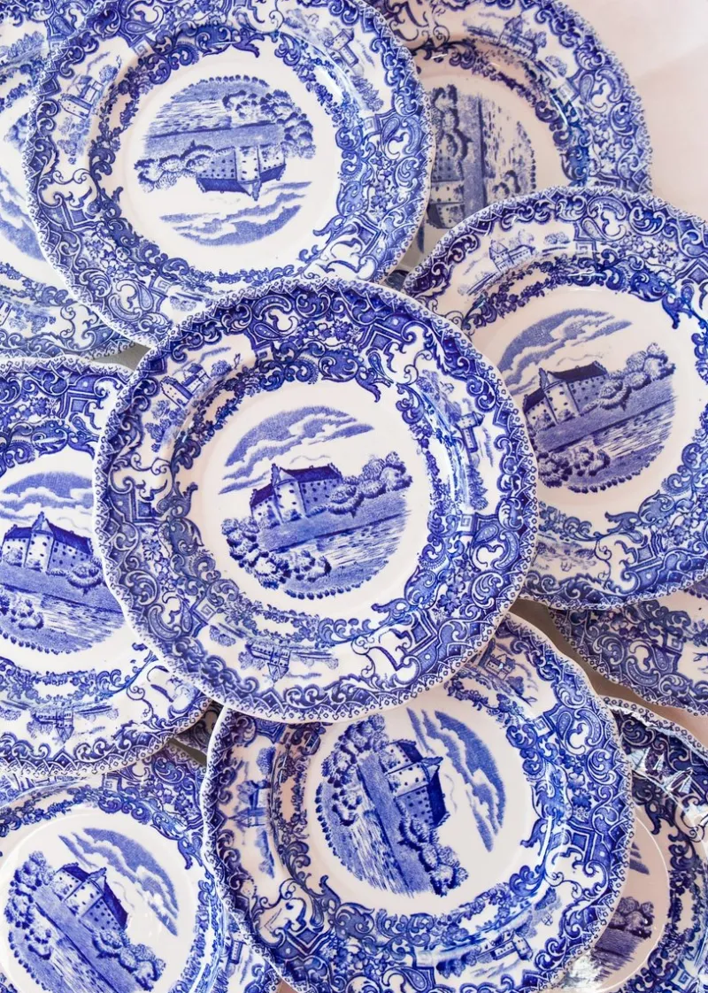 Pamono Swedish Dessert Plates Castles in Blue from Rörstrand, Set of 12> Serving Dishes
