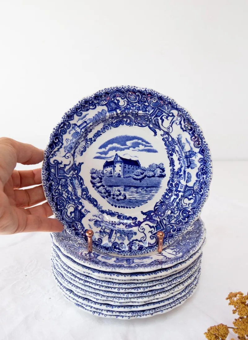 Pamono Swedish Dessert Plates Castles in Blue from Rörstrand, Set of 12> Serving Dishes