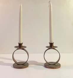 Pamono Swedish Grace Patinated Copper Circle Candleholders, 1920s, Set of 2> Candleholders
