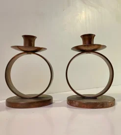 Pamono Swedish Grace Patinated Copper Circle Candleholders, 1920s, Set of 2><noscript><img width=