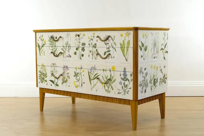 Pamono Swedish Modern Dresser with Nordens Flora Illustrations by C. A. M. Lindman, 1930s> Dressers, Commodes & Chests