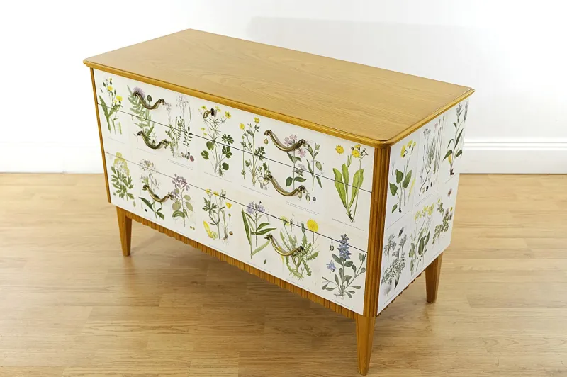 Pamono Swedish Modern Dresser with Nordens Flora Illustrations by C. A. M. Lindman, 1930s> Dressers, Commodes & Chests