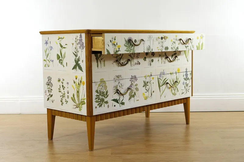 Pamono Swedish Modern Dresser with Nordens Flora Illustrations by C. A. M. Lindman, 1930s> Dressers, Commodes & Chests