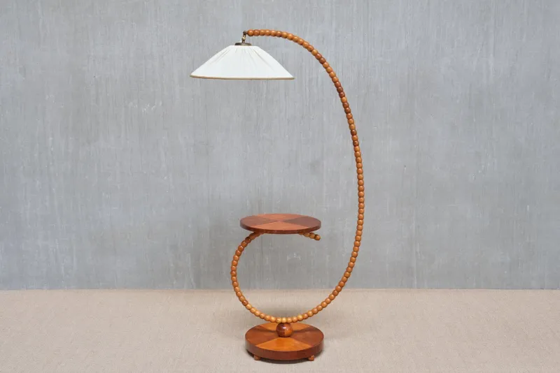 Pamono Swedish Modern Sculptural Floor Lamp with Table & Turned Orb Arm, Late 1930s> Floor Lamps