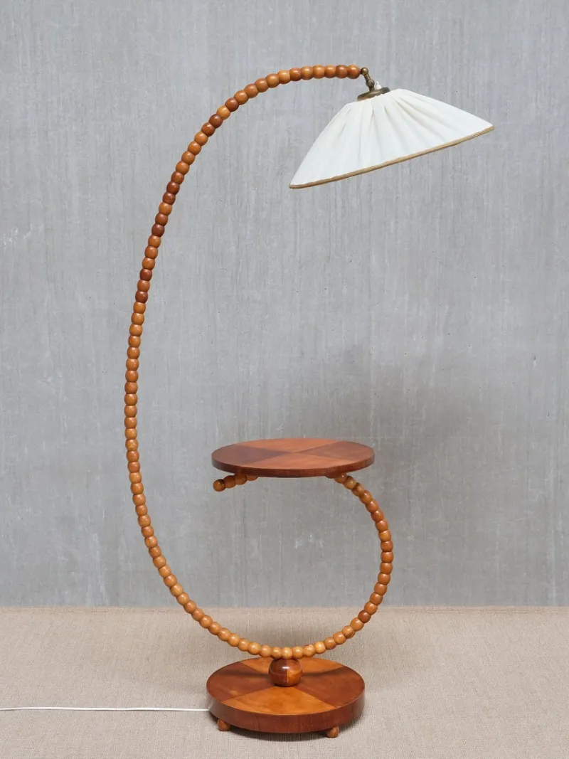 Pamono Swedish Modern Sculptural Floor Lamp with Table & Turned Orb Arm, Late 1930s> Floor Lamps