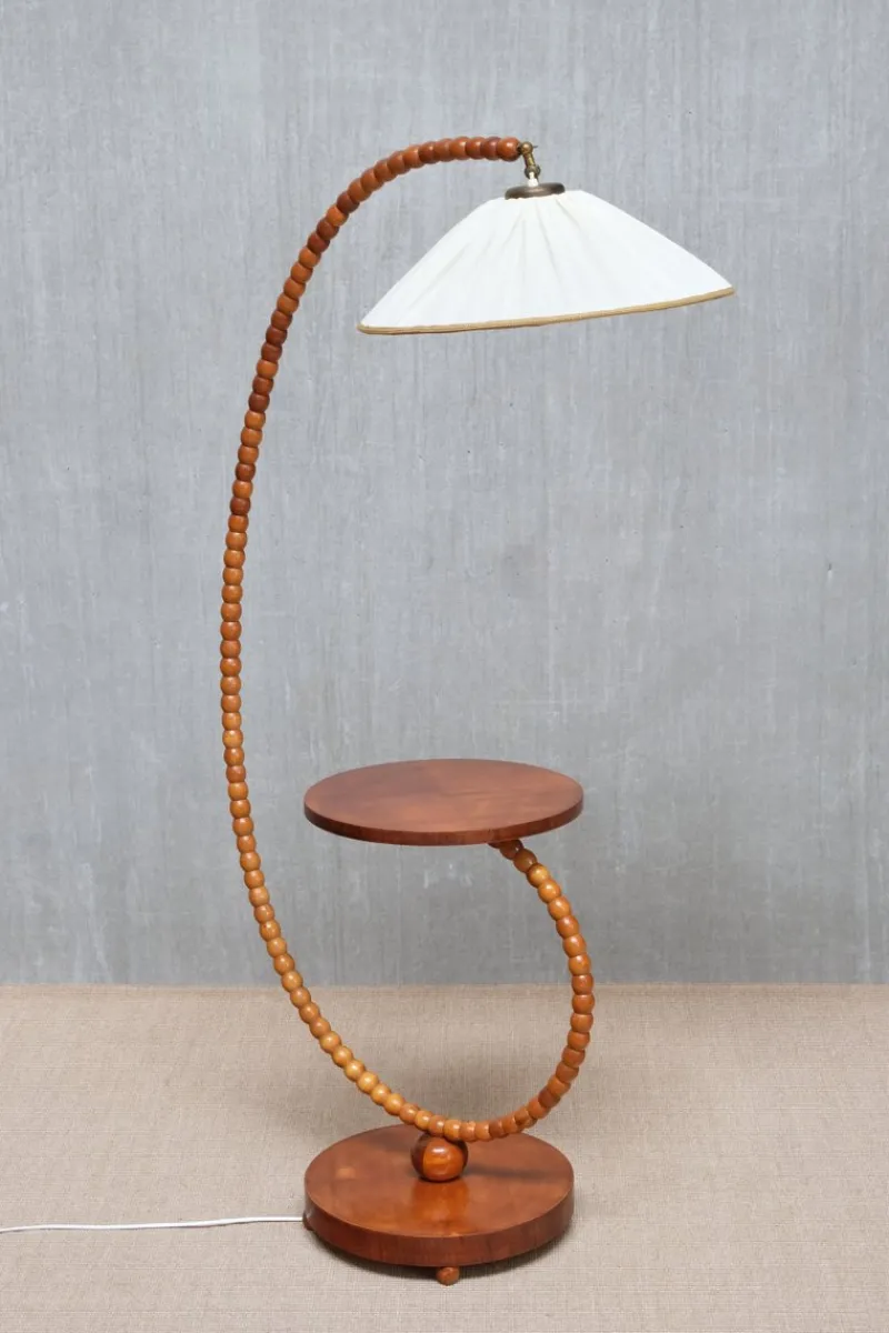 Pamono Swedish Modern Sculptural Floor Lamp with Table & Turned Orb Arm, Late 1930s> Floor Lamps