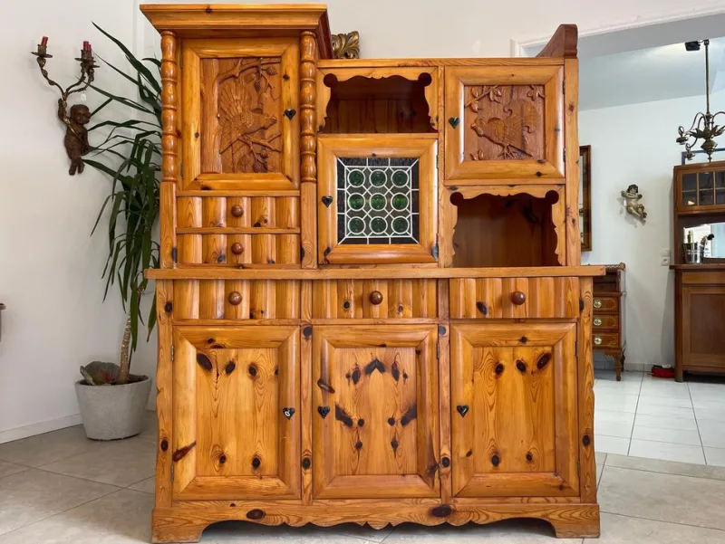Pamono Swiss Pine Sideboard with Leaded Glass