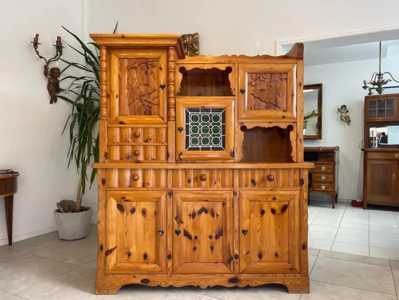 Pamono Swiss Pine Sideboard with Leaded Glass