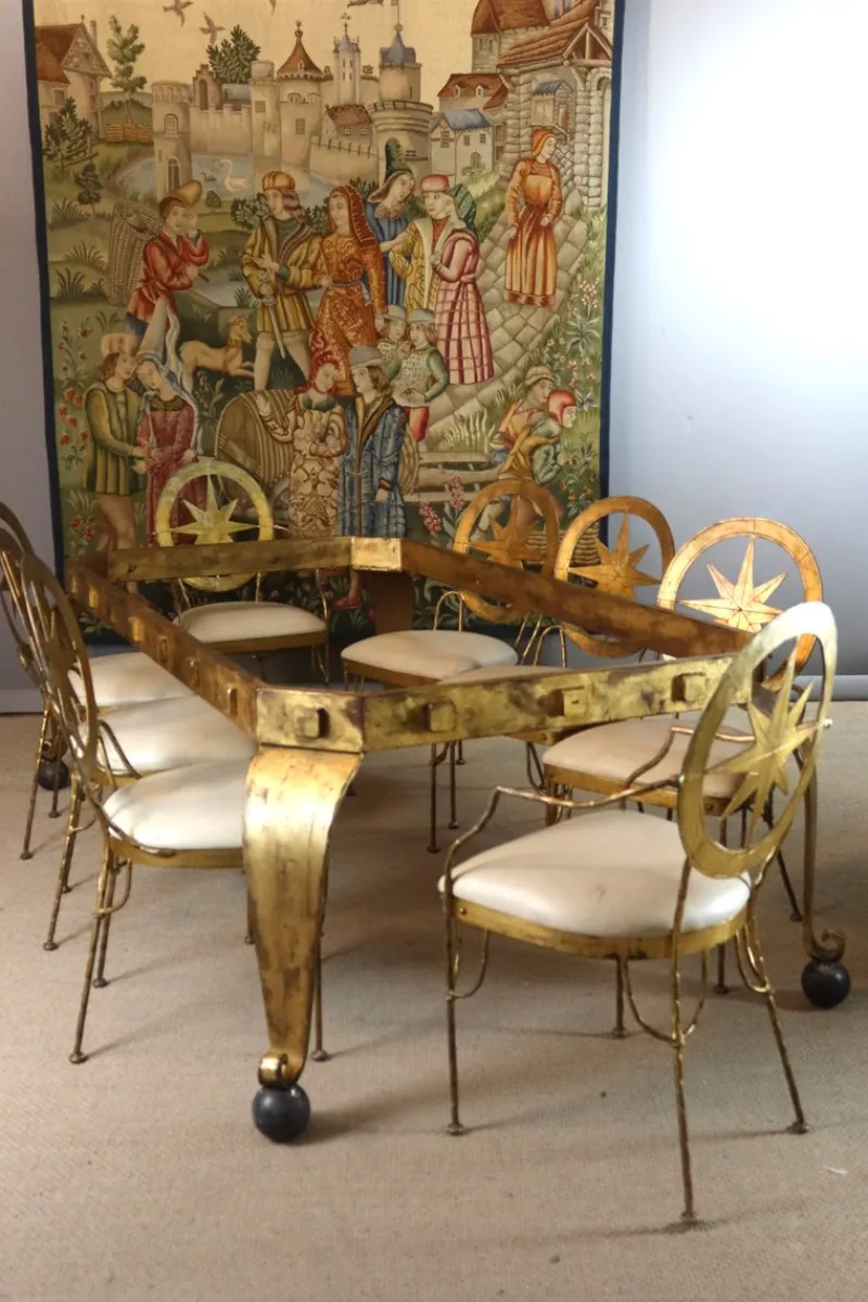 Clearance Pamono Table and Chairs in Gilded Iron, Set of 9