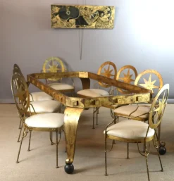 Clearance Pamono Table and Chairs in Gilded Iron, Set of 9
