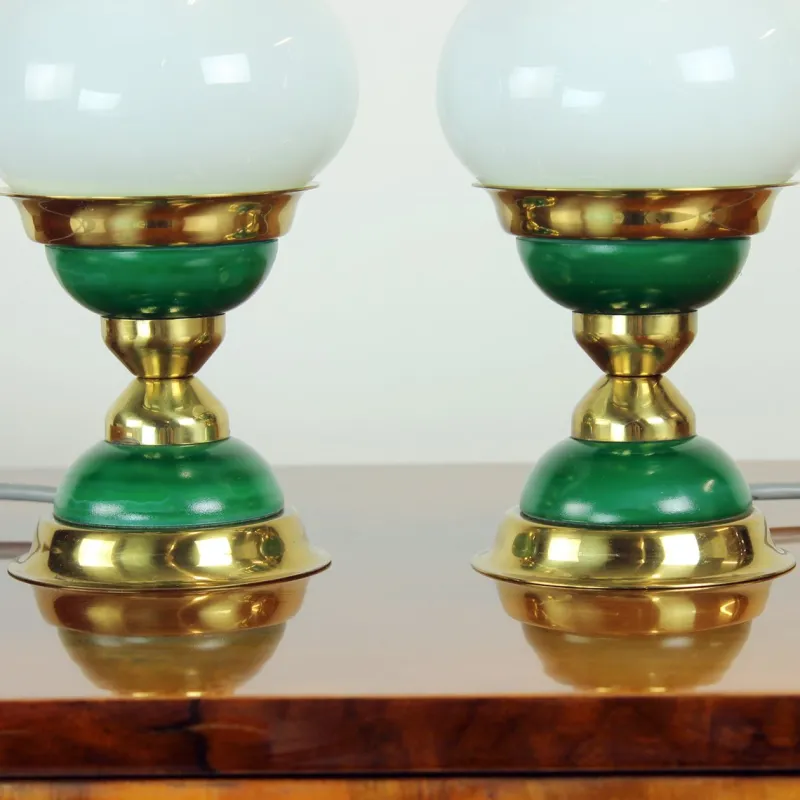 Pamono Table Lamps in Opaline Glass and Brass, Former Czechoslovakia, 1955, Set of 2> Table Lamps