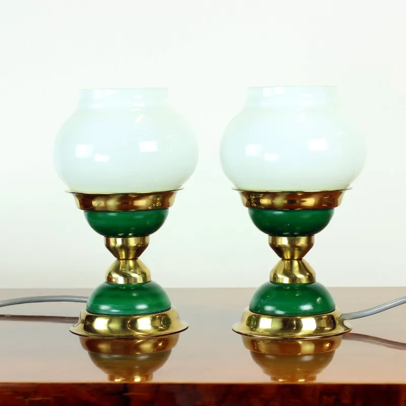 Pamono Table Lamps in Opaline Glass and Brass, Former Czechoslovakia, 1955, Set of 2> Table Lamps