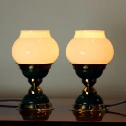 Pamono Table Lamps in Opaline Glass and Brass, Former Czechoslovakia, 1955, Set of 2><noscript><img width=